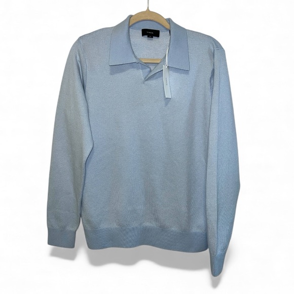 NWT VINCE Men’s Light Blue Birdseye Polo Sweater with Collar